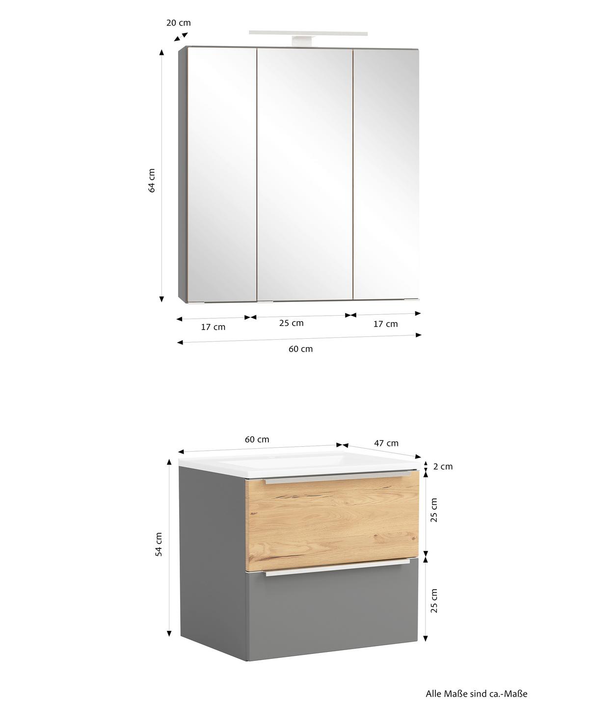 Badezimmer Verona Grau/Wildeiche 2-teilig - Wildeiche/Weiß, Trend, Glas/Holzwerkstoff (60cm) - Held