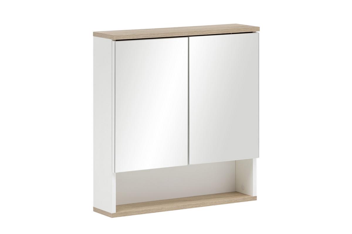 Spiegelschrank Yasmin 2-Türig BHT: 60x65x14 cm, offenes Fach - Eichefarben/Weiß, Basics, Glas/Holzwerkstoff (60/65/13,9cm) - MID.YOU