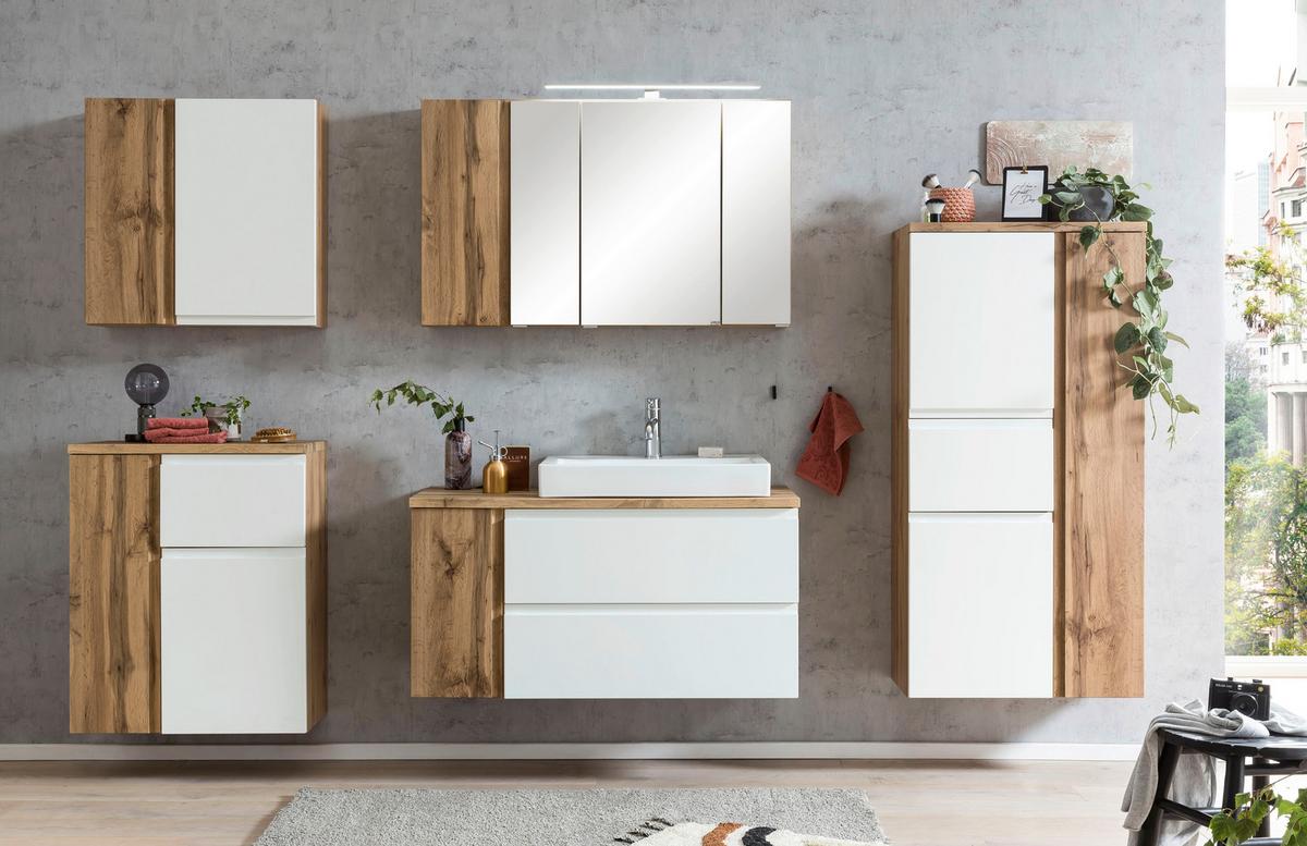 Waschbecken mit Unterschrank Varese B: 150 cm Eiche/Weiß - Eiche Wotan/Weiß, MODERN, Keramik/Holzwerkstoff (105cm) - Held