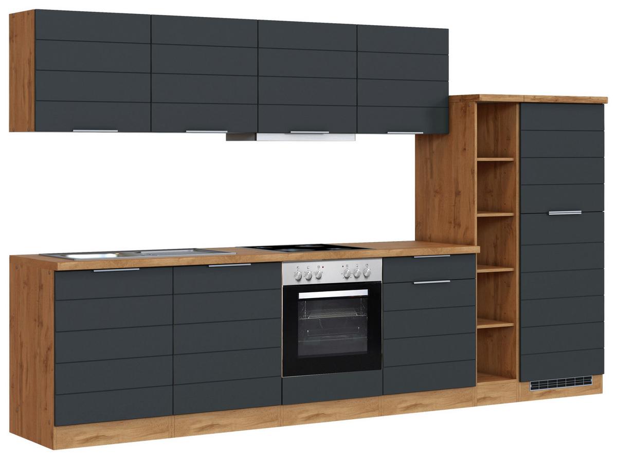 Küchenzeile Florenz mit Geräte B: 330 cm Grau/Eiche Dekor - Eiche Wotan/Grau, Design, Holzwerkstoff (330cm) - Held