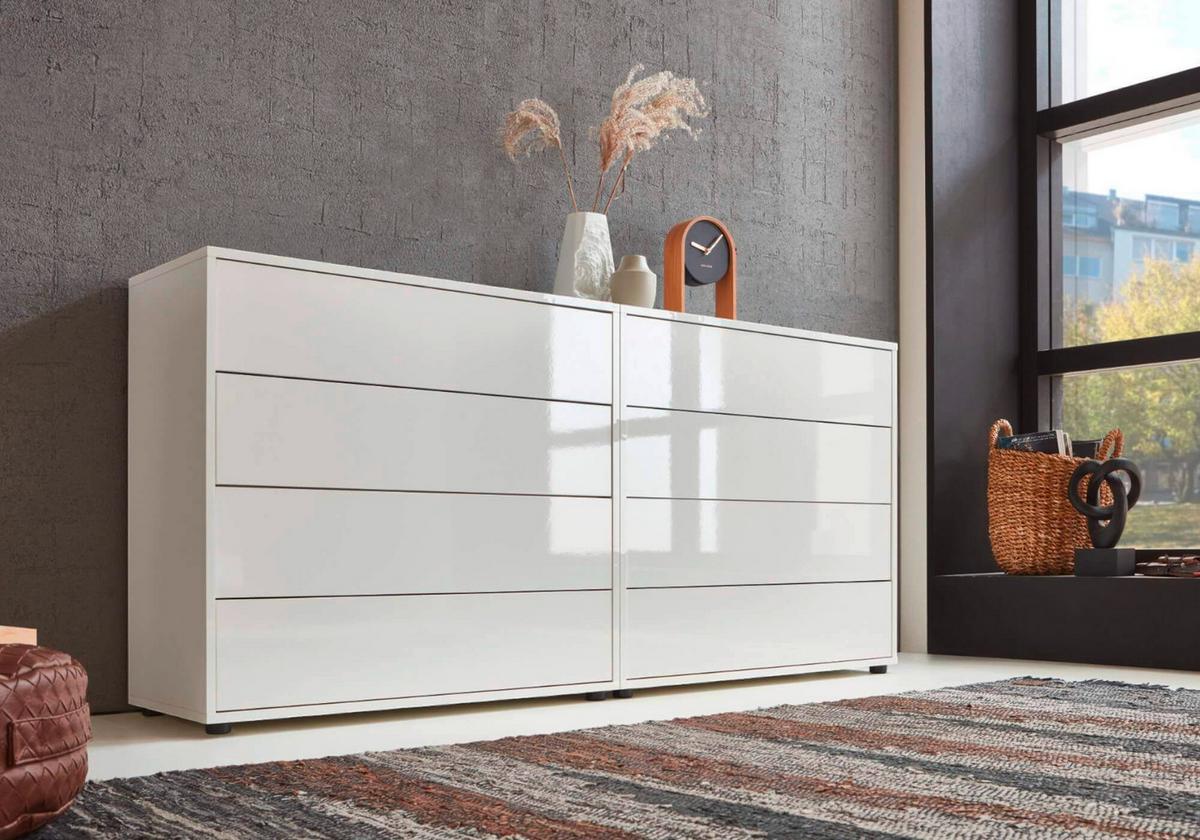 Sideboard Mailand 1 B: 158 cm Weiß - Weiß Hochglanz/Schwarz, MODERN, Holzwerkstoff (158/73/33cm) - MID.YOU