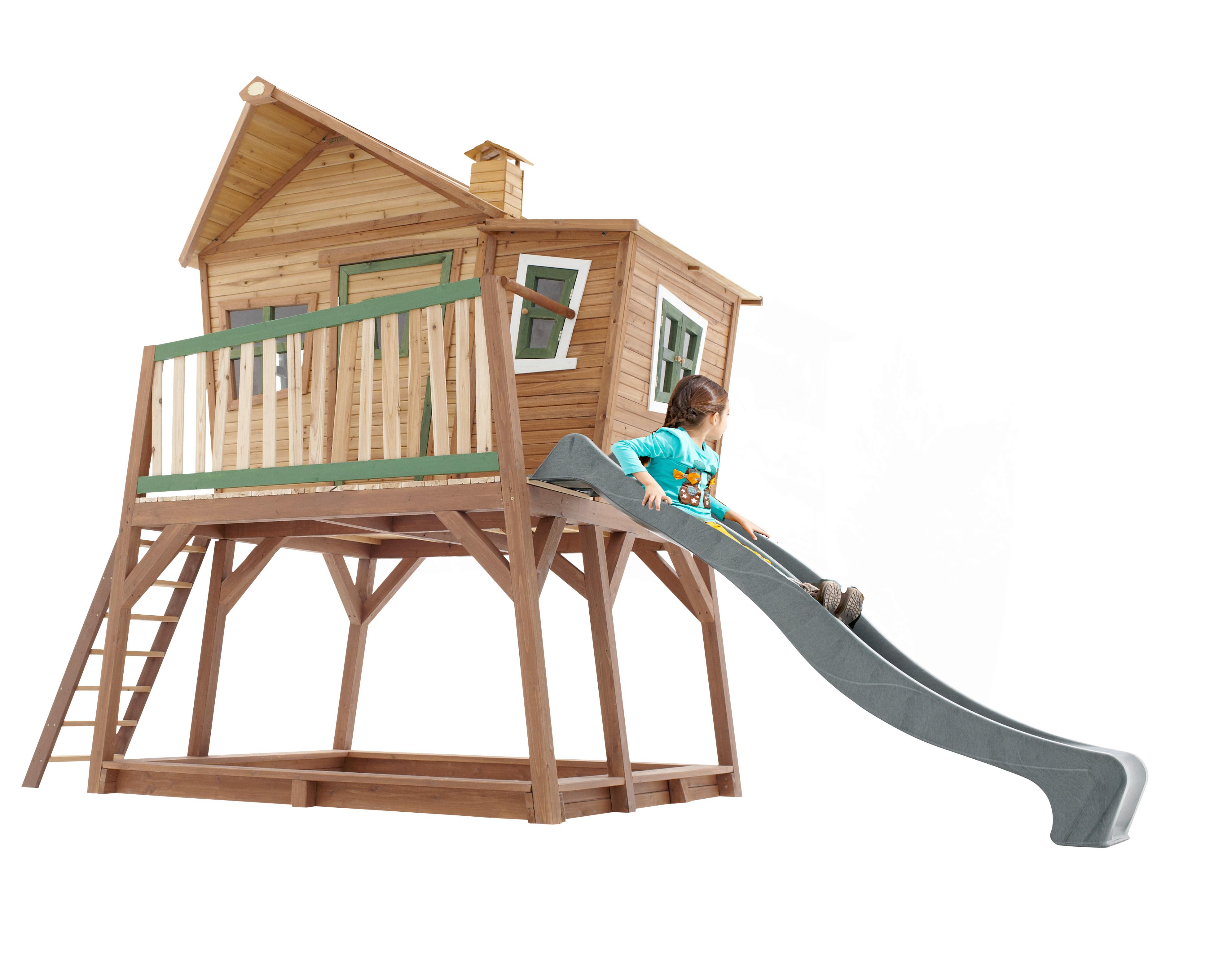 Spielhaus Holz mit Rutsche und Kletterwand braun grün Max - Braun/Naturfarben, KONVENTIONELL, Holz (435/291/180cm)