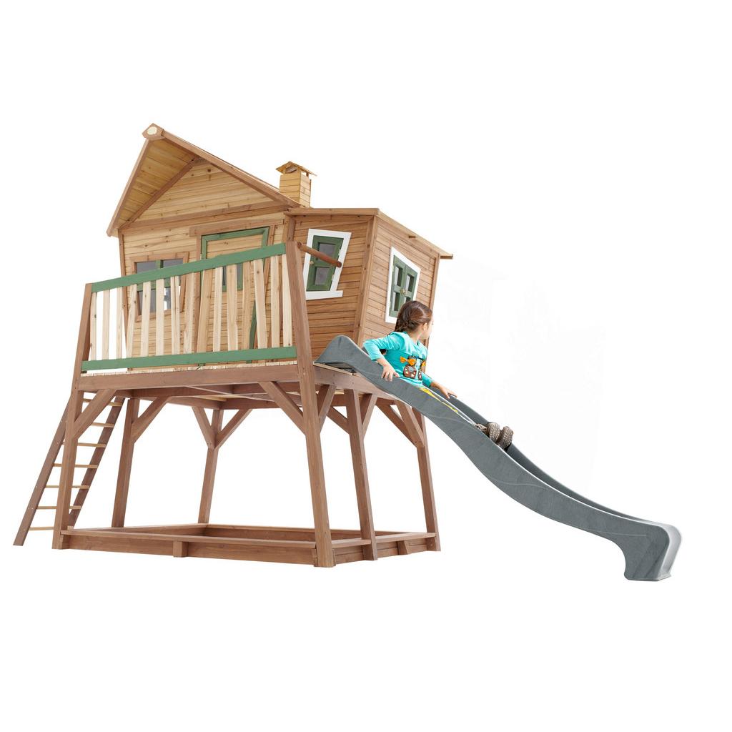 Spielhaus Holz mit Rutsche und Kletterwand braun grün Max