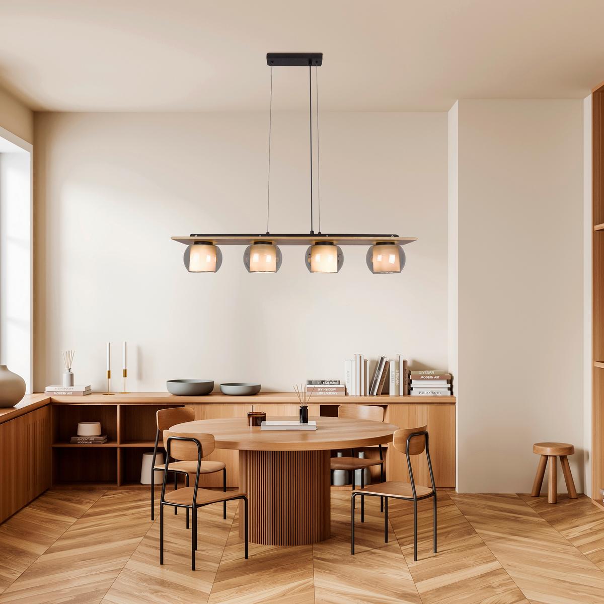 Pendelleuchte Kautschukholz - Schwarz/Naturfarben, Design, Glas/Holz (90/18/120cm) - Näve