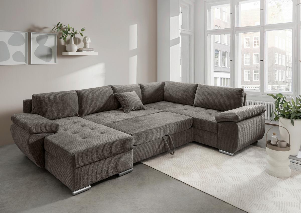 Wohnlandschaft Terana Graubr. mit Schlaffunktion, Mikrofaser - Chromfarben/Graubraun, KONVENTIONELL, Textil (157/305/219cm) - Livetastic