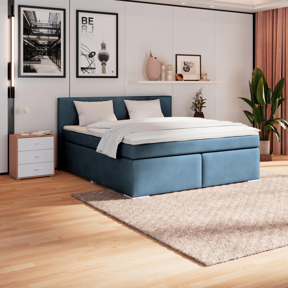 Boxspringbett Mira Boucle Dunkelblau,lf:160x200cm - Perlmutt/Silberfarben, KONVENTIONELL, Holz/Textil (160/200cm)