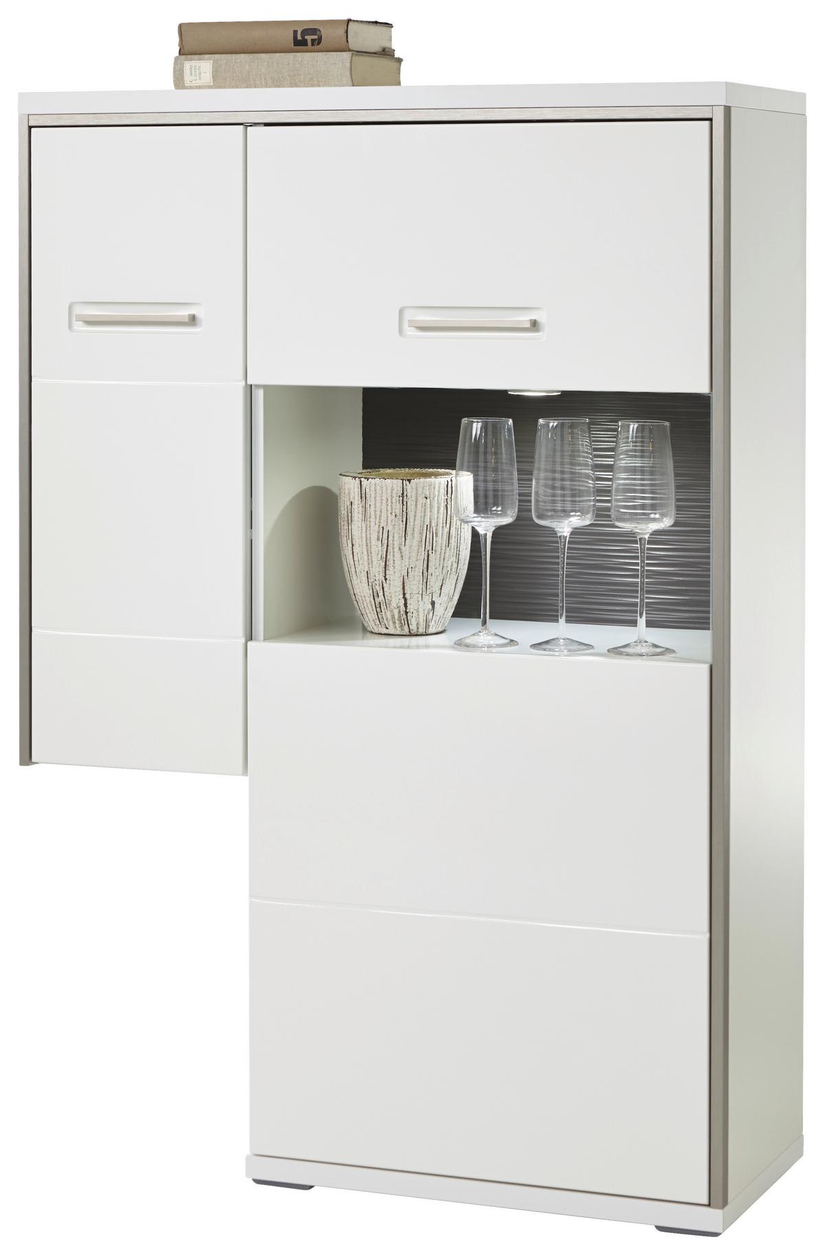 Highboard B: 94 cm Trento Grau/Silberfarben/Weiß - Weiß Hochglanz/Silberfarben, Design, Glas/Holzwerkstoff (94/137/38cm) - Livetastic