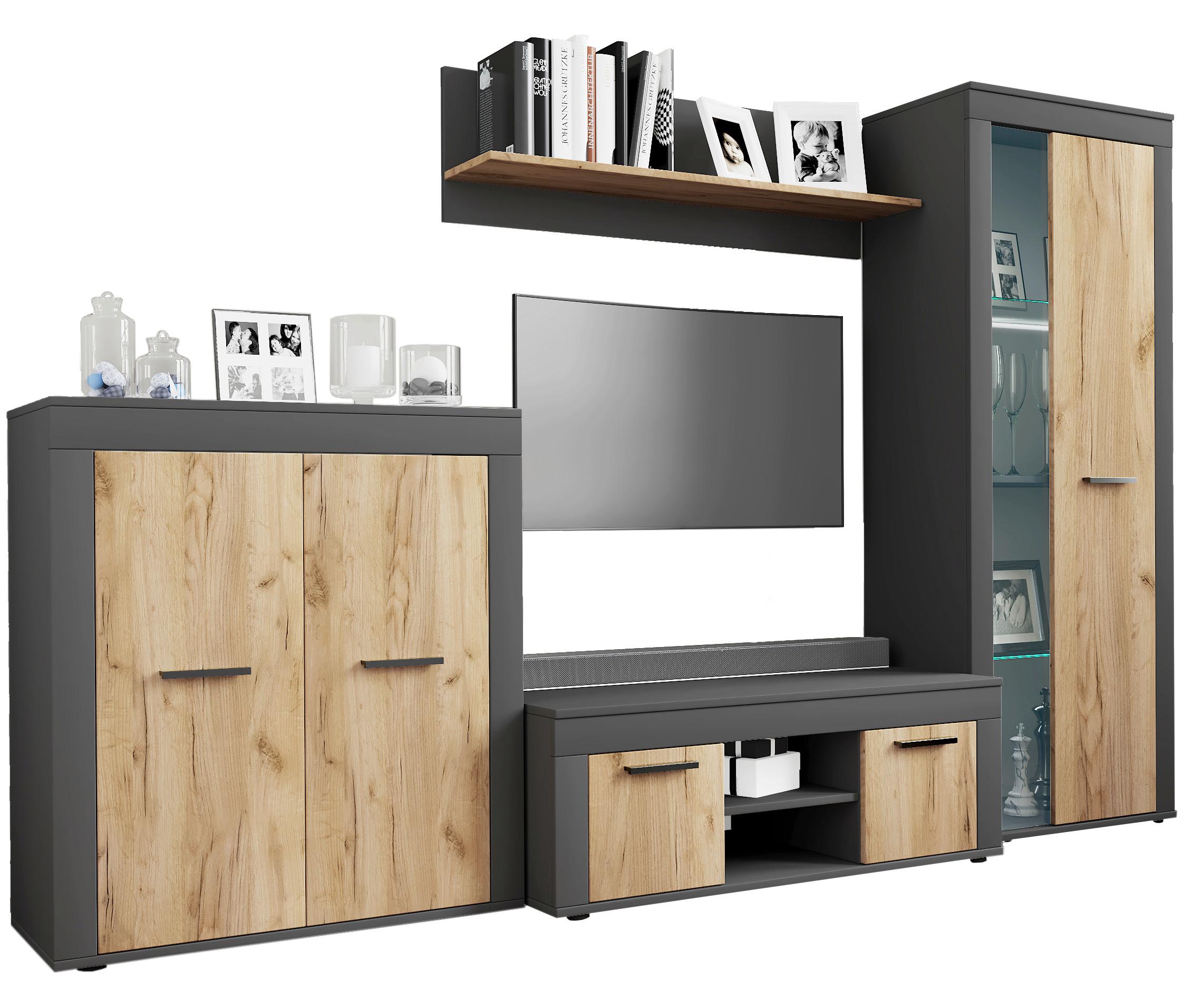 Wohnwand Usilo Anthrazit Honigeiche Dekor - Honigeiche/Anthrazit, Design, Glas/Holzwerkstoff (242/159/37cm) - MID.YOU