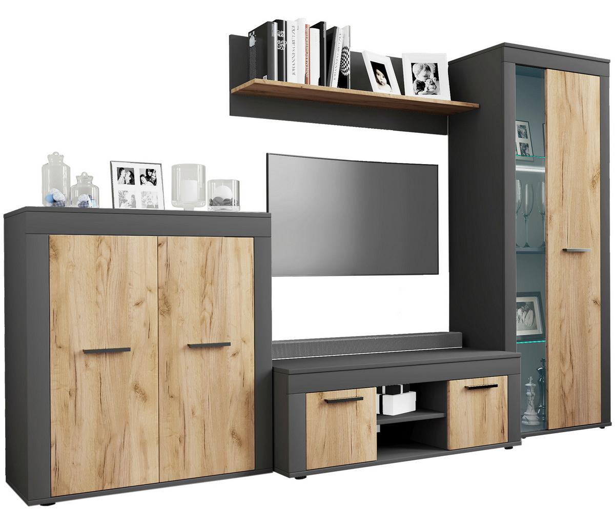 Wohnwand Usilo Anthrazit Honigeiche Dekor - Honigeiche/Anthrazit, Design, Glas/Holzwerkstoff (242/159/37cm) - MID.YOU