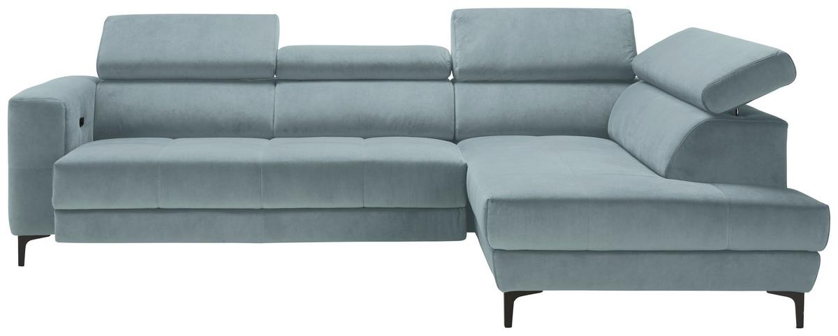 Rohová sedačka EMMA, pravá, sv.modrá,op.hl.,USB,el.výsuv - svetlomodrá/čierna, Modern, textil (301/210cm) - Premium Living