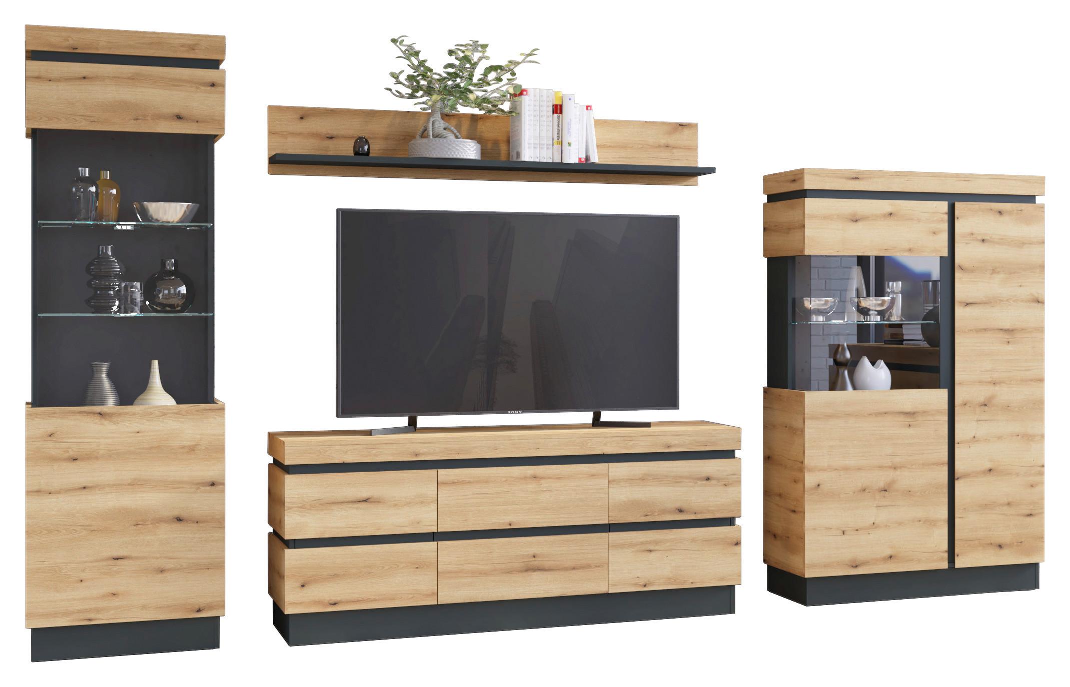 Stapelprogramm Corte Grau/Eiche Dekor B: 324,5 cm - Eichefarben/Grau, Trend, Glas/Holzwerkstoff (324,5/200,5/40cm)