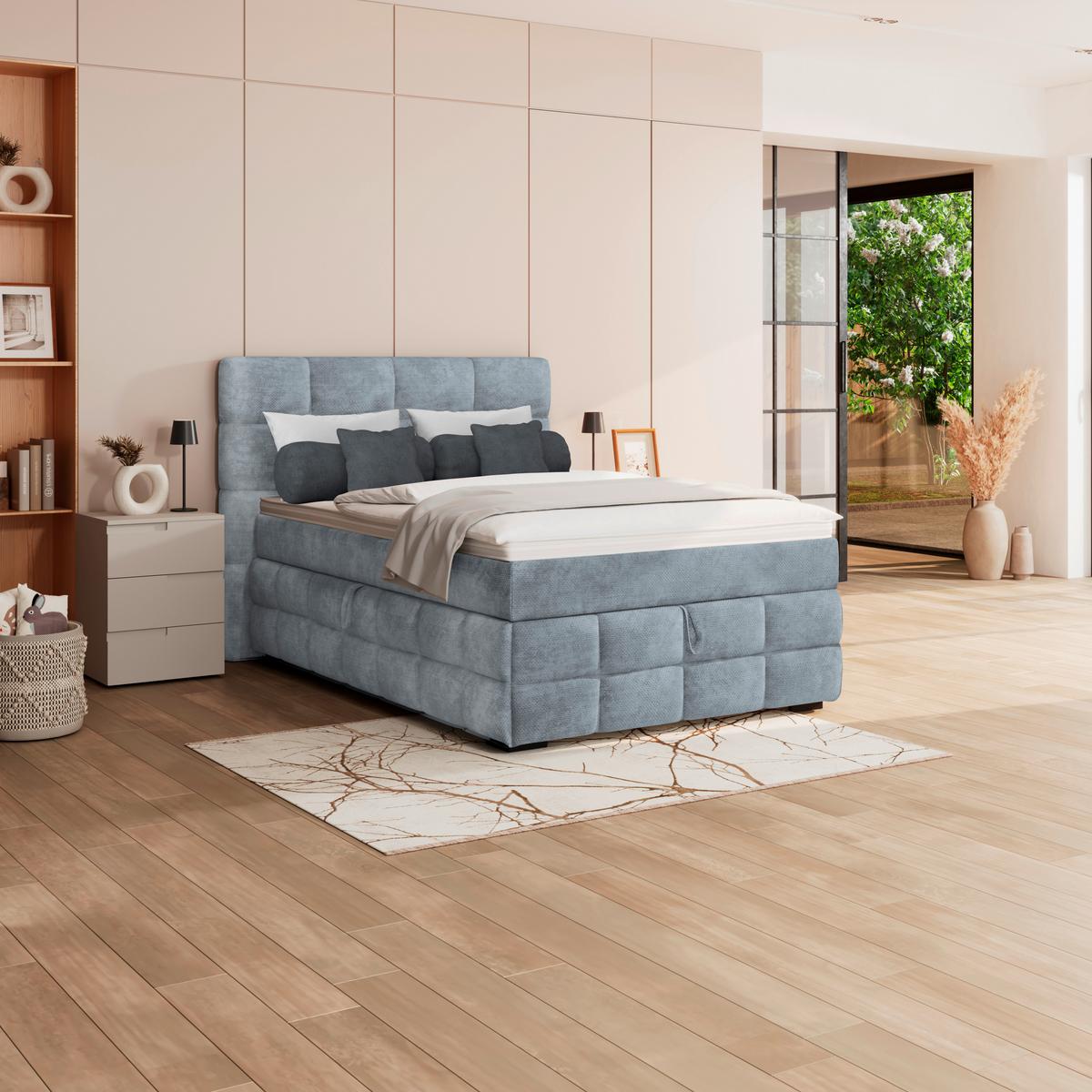 Čalouněná postel VEGA 140x200 cm, světle modrá - černá/zelená, Trend, dřevo/textil (140/200cm)