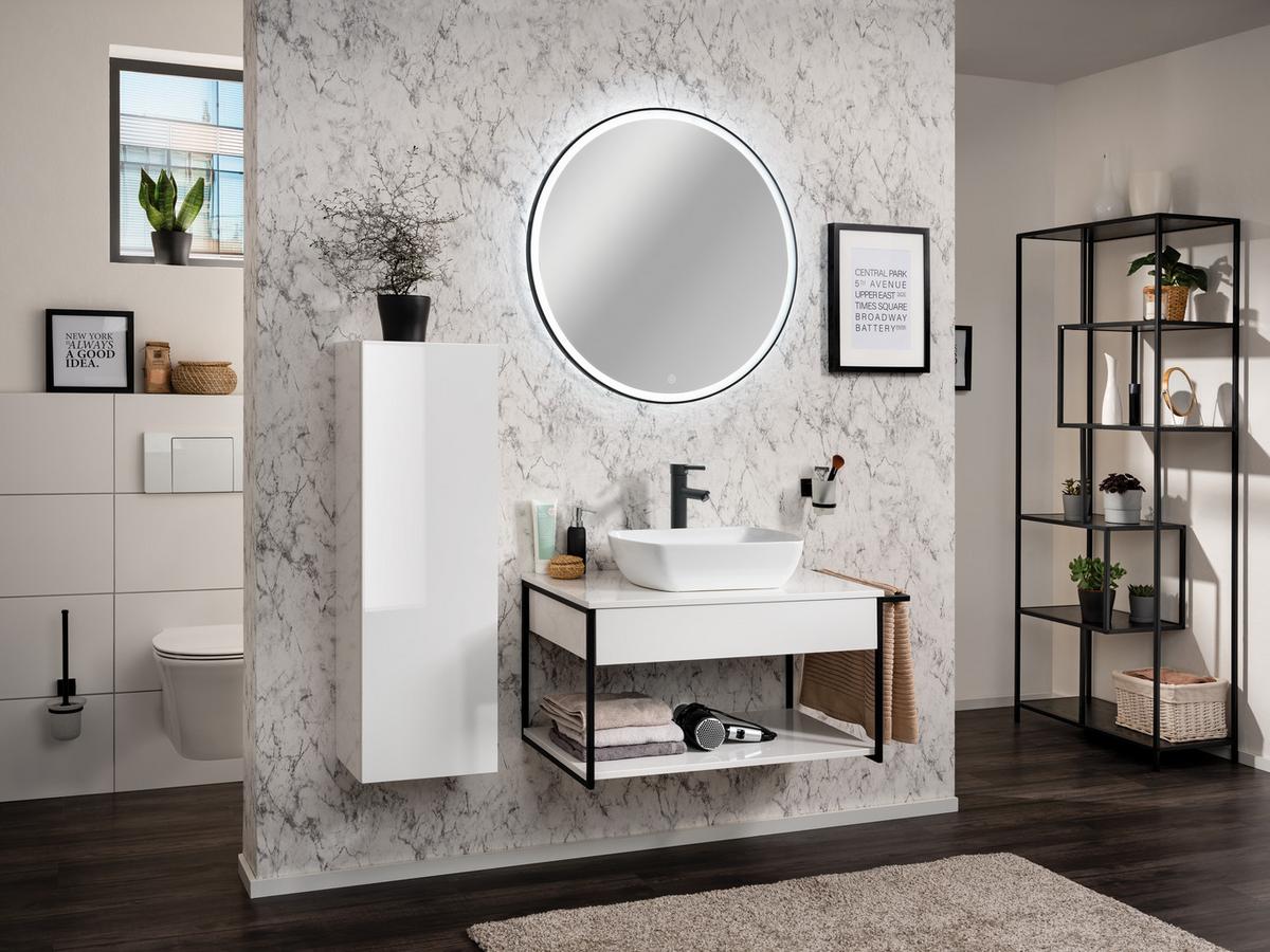 Wandspiegel New York Rund DM: 80cm Glas Schwarz + Rahmen Led - Schwarz, MODERN, Glas (80/80/3cm) - MID.YOU