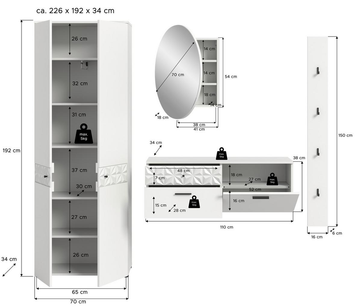 Garderobe Prisma Weiß B: 226 cm - Weiß, Design, Glas/Holzwerkstoff (226/192/34cm) - MID.YOU