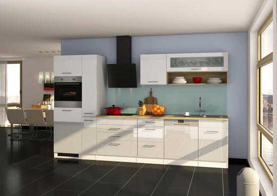 Moderner Küchenblock in Weiß Hochglanz mit E-Geräten Moderner Küchenblock in Weiß Hochglanz mit E-Geräten