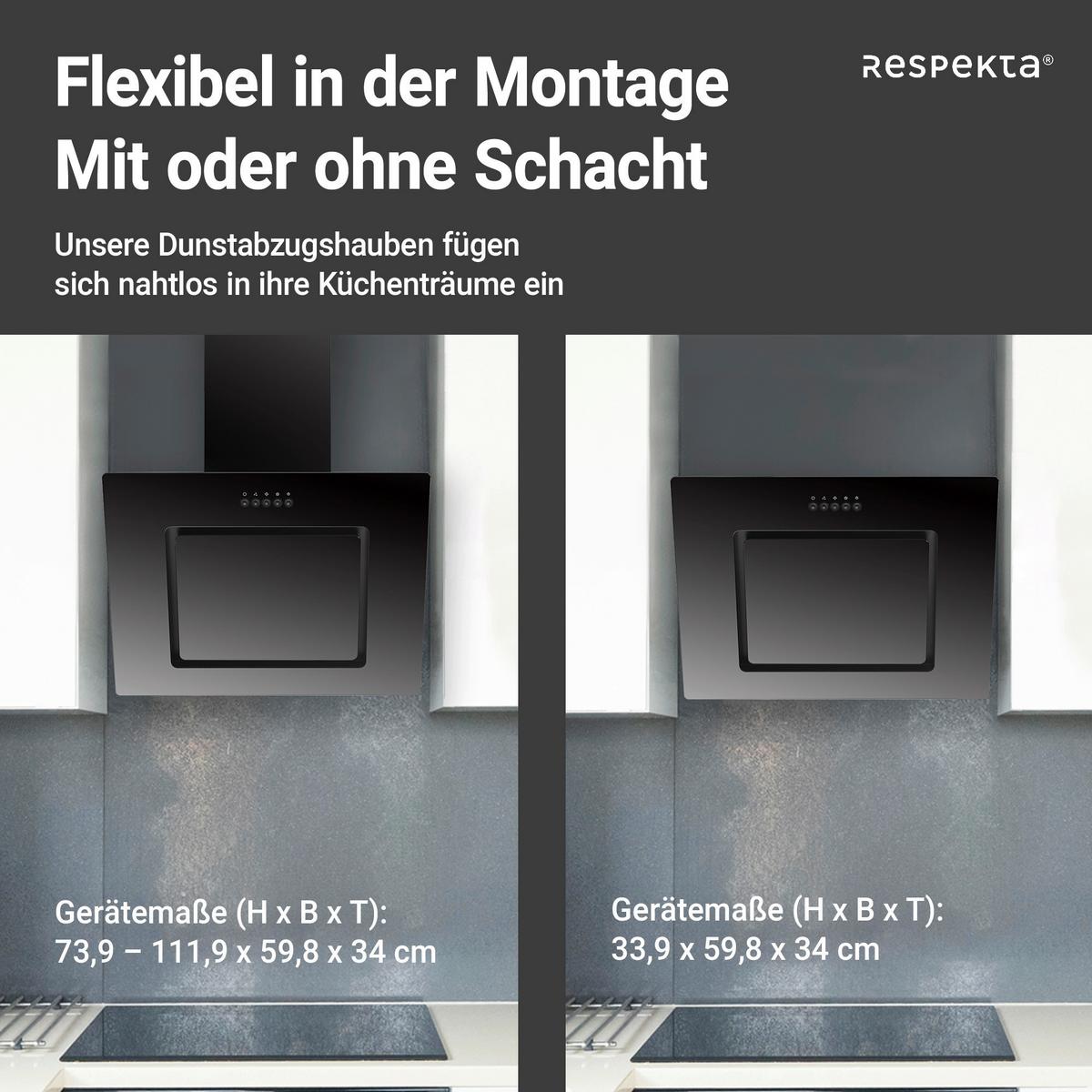 Kopffreihaube Respekta Svea Edelstahl/Glas Schwarz B: 60cm - Schwarz, Trend, Glas/Metall (60/73,9-111,9/34cm) - Respekta
