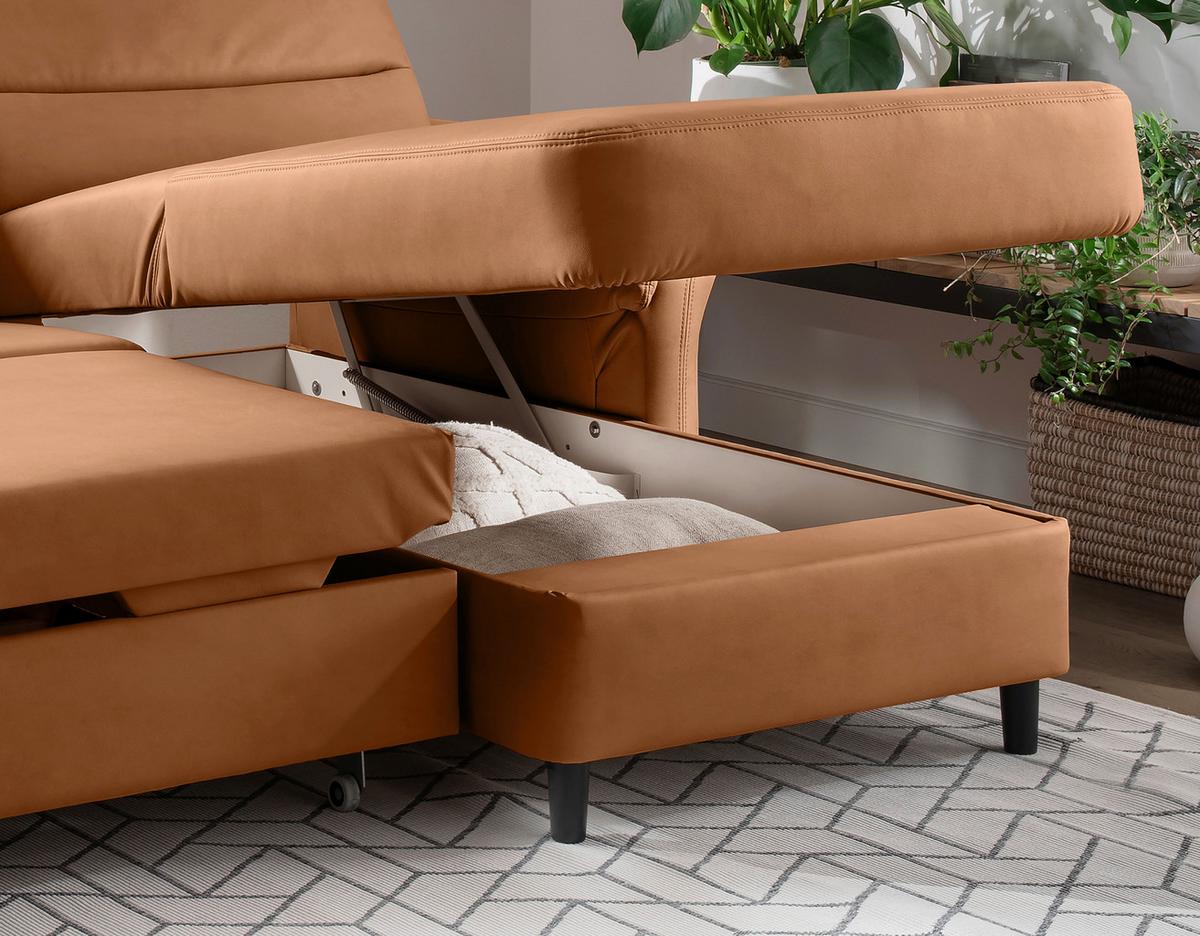 Ecksofa Cavoli, Cognac S: 279x176 cm - Cognac/Schwarz, MODERN, Textil (279/176cm) - Livetastic