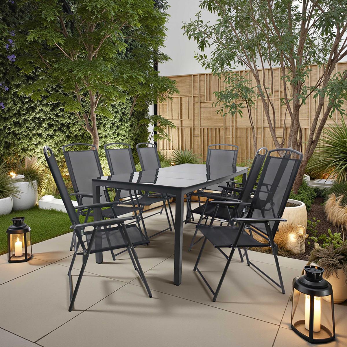 Záhradná jedálenská zostava čierne sklo - čierna/antracitová, Basics, kov/textil (190/90/73cm) - Gardenson