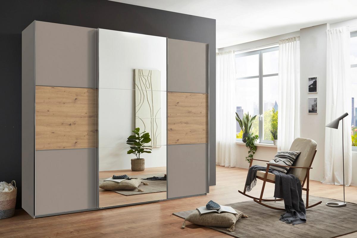 Schwebetürenschrank Indian A Sahara/Eiche Artisan,b:250cm - Eiche Artisan/Sahara, KONVENTIONELL, Glas/Holzwerkstoff (250/216/65cm)