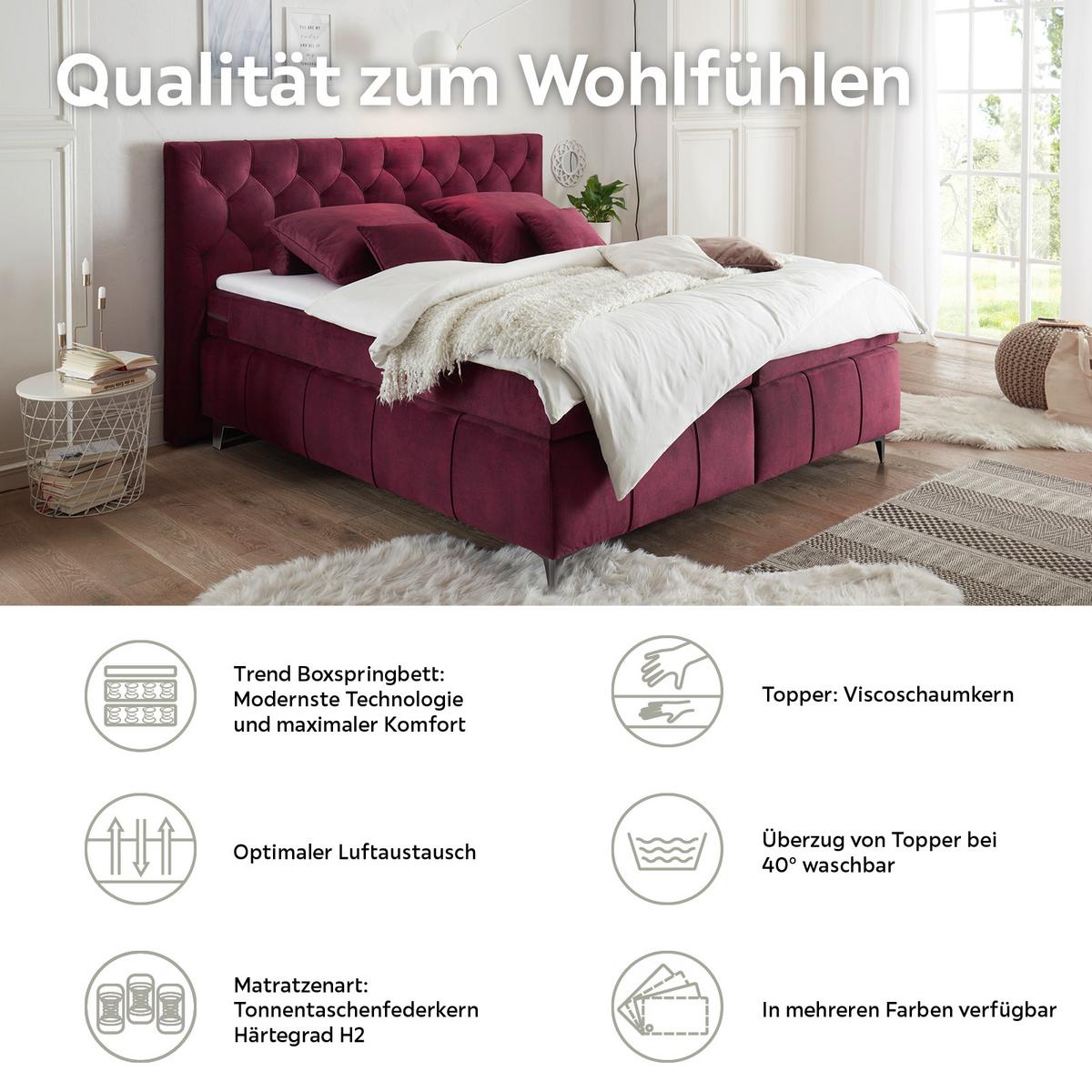 Boxspringbett Mit Topper 180x200 Pembroke - Bordeaux/Lila, Basics, Holzwerkstoff/Textil (180/200cm) - MID.YOU