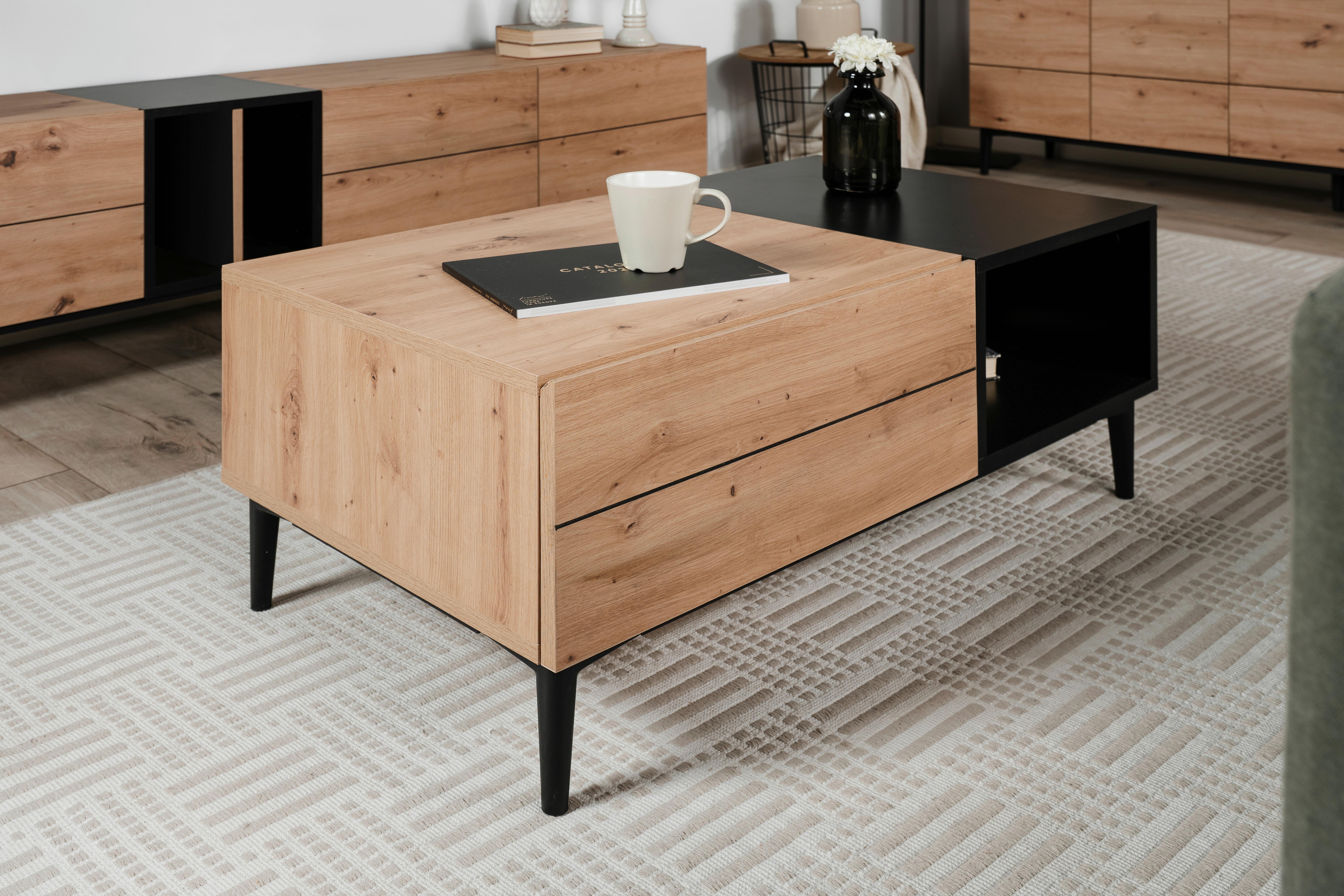 Couchtisch mit Schublade und Fach Nola, Eichefarben/Schwarz - Eichefarben/Schwarz, KONVENTIONELL, Holzwerkstoff/Kunststoff (100/55/40cm) - MID.YOU