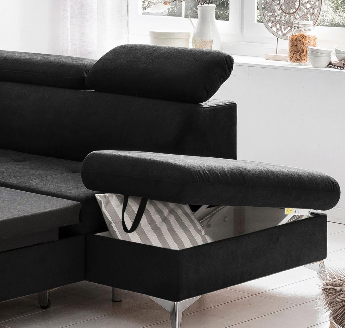 Ecksofa mit Schlaffunktion und Bettkasten Gisele Schwarz - Chromfarben/Schwarz, KONVENTIONELL, Textil (256/209cm) - Livetastic