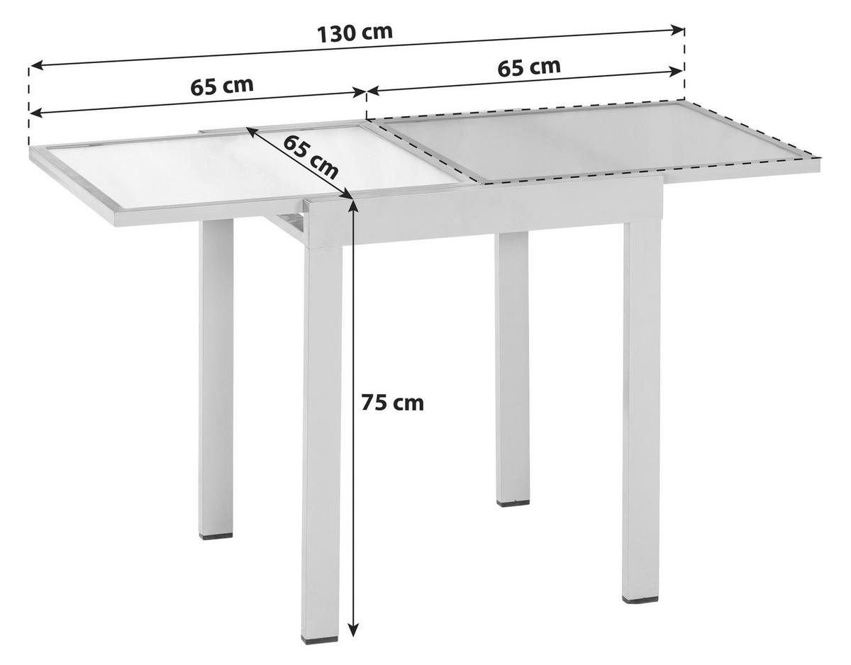 Gartentisch ausziehbar Metall/ Glas L: 65/130 cm - Silberfarben, KONVENTIONELL, Glas/Metall (65/130/65/75cm) - Gardenson