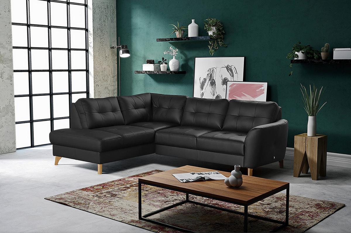 Ecksofa Nordic Schwarz S: 190x236 Cm - Buchefarben/Schwarz, Design, Leder/Textil (190/236cm) - Livetastic