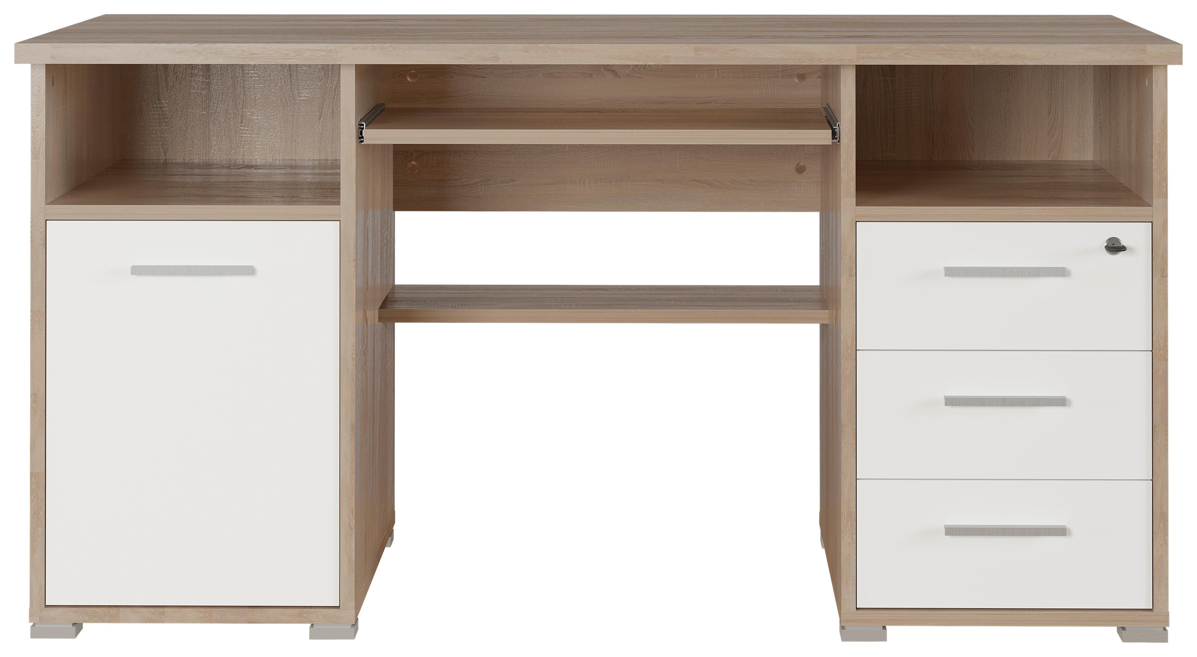 Schreibtisch + Stauraum B: 145 H: 75 cm, Eiche Dekor/Weiß