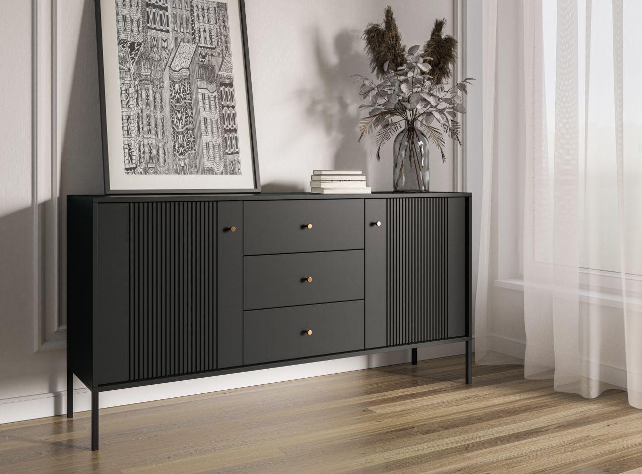 ŠIROKÁ KOMODA ISEO BLACK/BLACK/GOLD - černá/barvy zlata, Design, kov/kompozitní dřevo (154,5/79/39cm) - MID.YOU