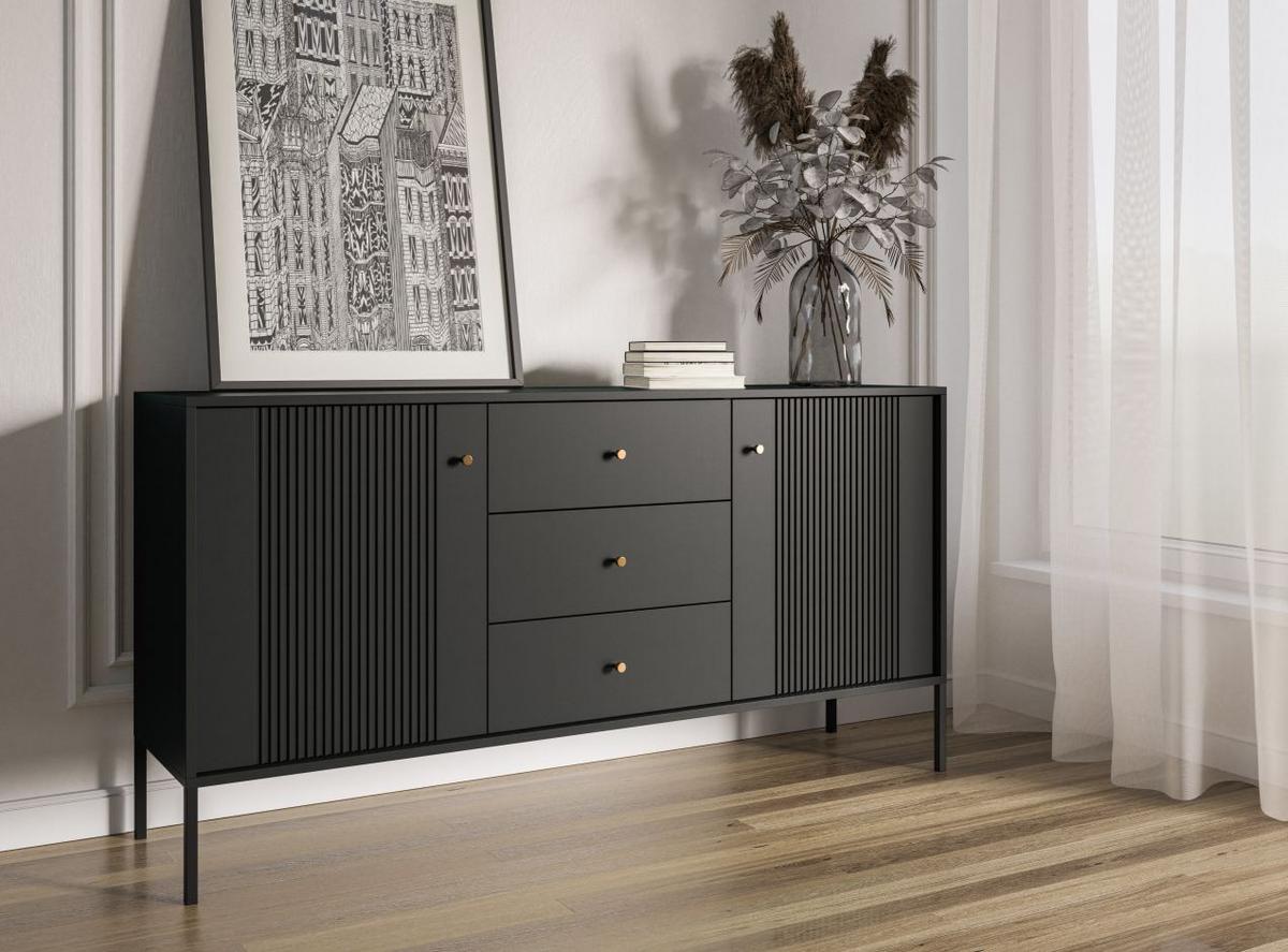 ŠIROKÁ KOMODA ISEO BLACK/BLACK/GOLD - černá/barvy zlata, Design, kov/kompozitní dřevo (154,5/79/39cm) - MID.YOU