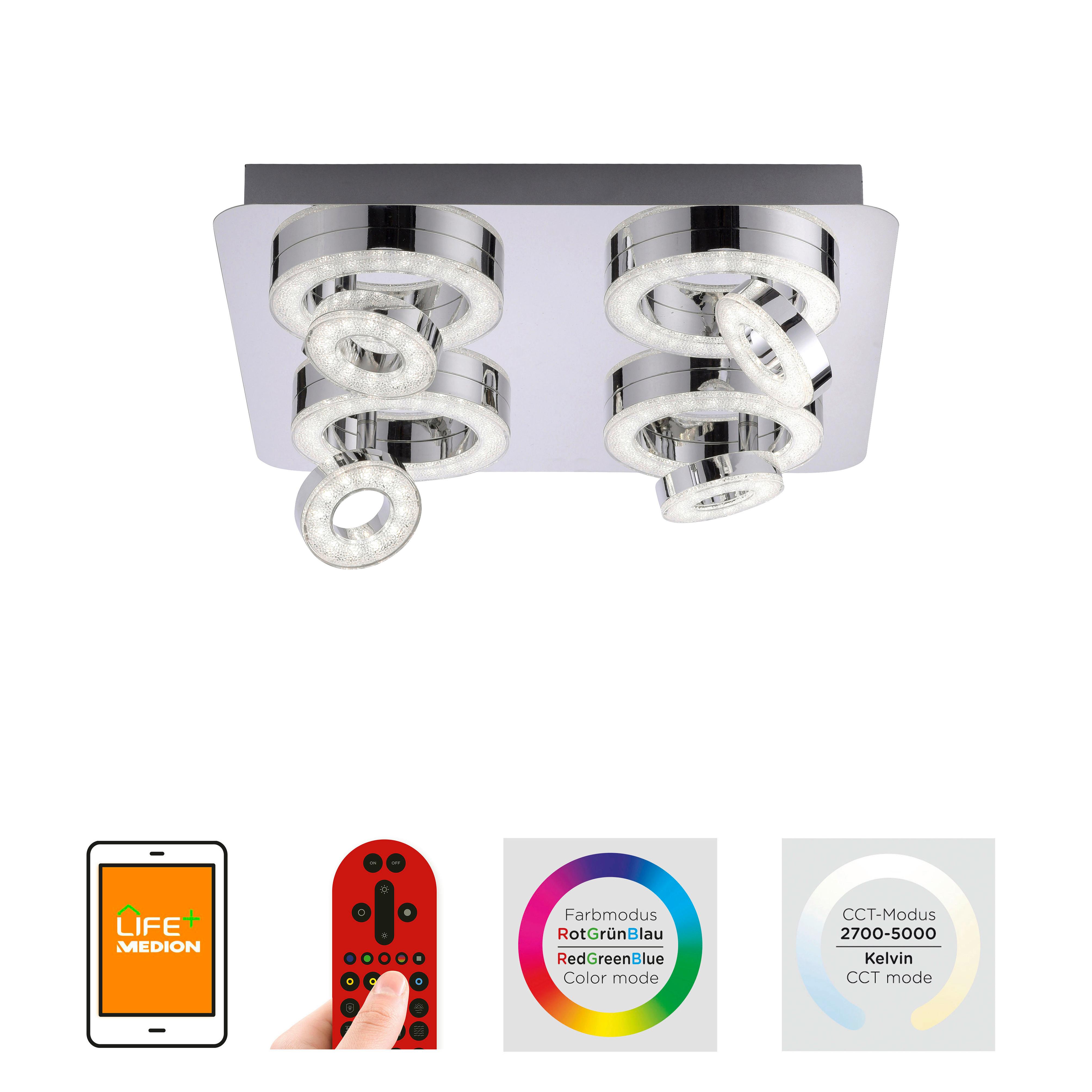 LED-Deckenleuchte rund LOLASMART-TIM aus Edelstahl in Silberfarben mit Farbwechsler und 4 Spots Details