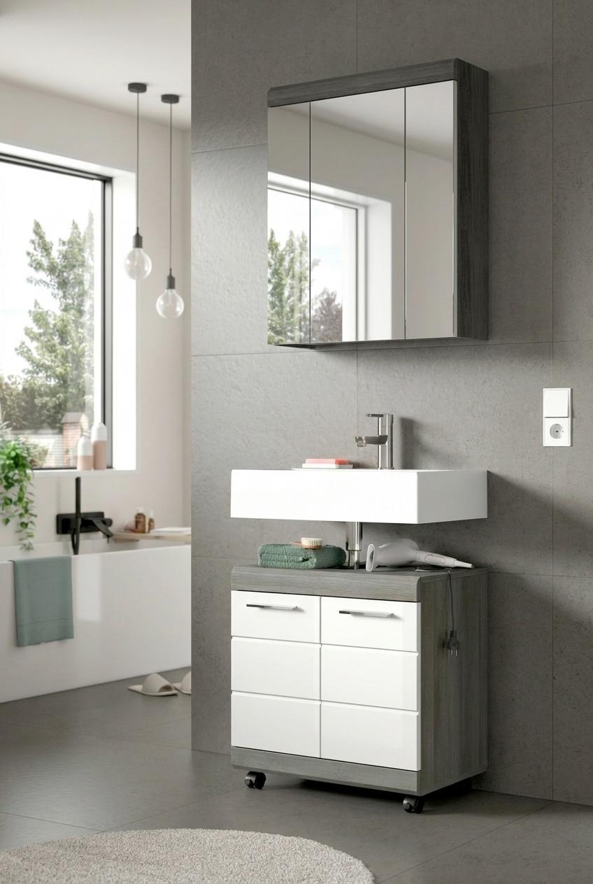 BADEZIMMER Scout Grau/Weiß HG B: 60cm - Weiß Hochglanz/Schwarz, Trend, Glas/Holzwerkstoff (60cm) - MID.YOU