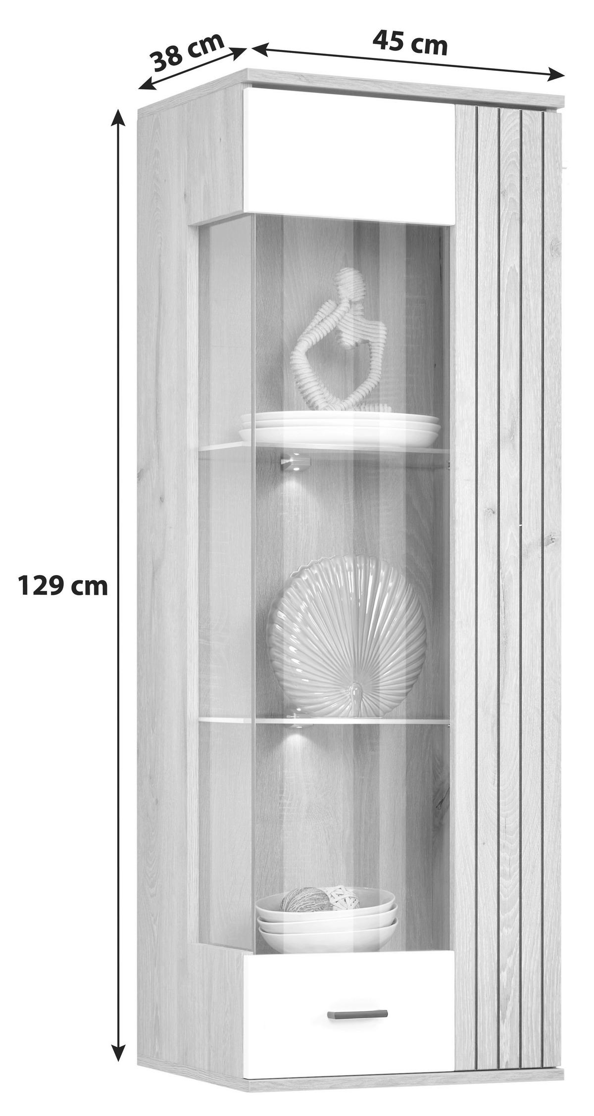 ZÁVĚSNÁ VITRÍNA LIVERPOOL - bílá/barvy dubu, Moderní, kov/kompozitní dřevo (45/129/38cm)