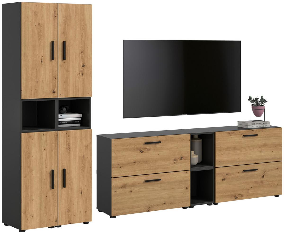 Wohnwand, The One 3, B: 300 cm Artisan Eiche Dekor/Grau - Schwarz/Eiche Artisan, Trend, Holzwerkstoff (260/182/34cm)