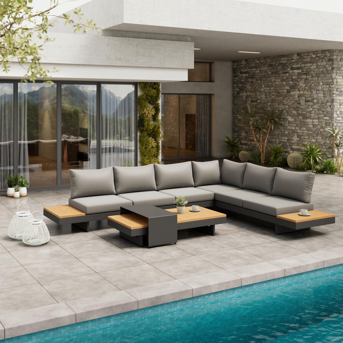 Zahradní sedací souprava AMAIA - šedá/tmavě šedá, Moderní, kov/dřevo (323/80/70cm) - Bessagi Garden