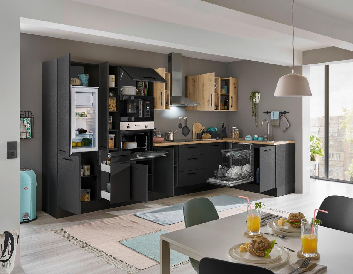 Eckküche Turin Schwarz/Eiche Dekor 370x175 cm - Schwarz/Eiche Artisan, Basics, Holzwerkstoff (370/175cm) - MID.YOU