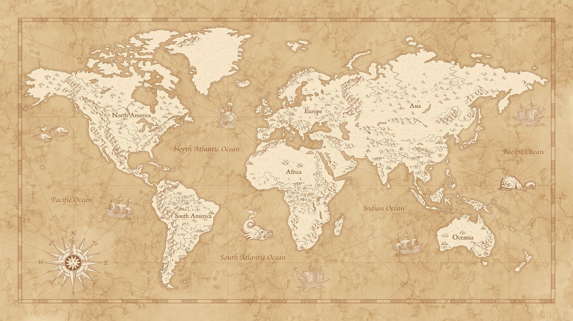 Fototapete Vintage World Map - Braun/Weiß, Trend, Papier (500/280cm)