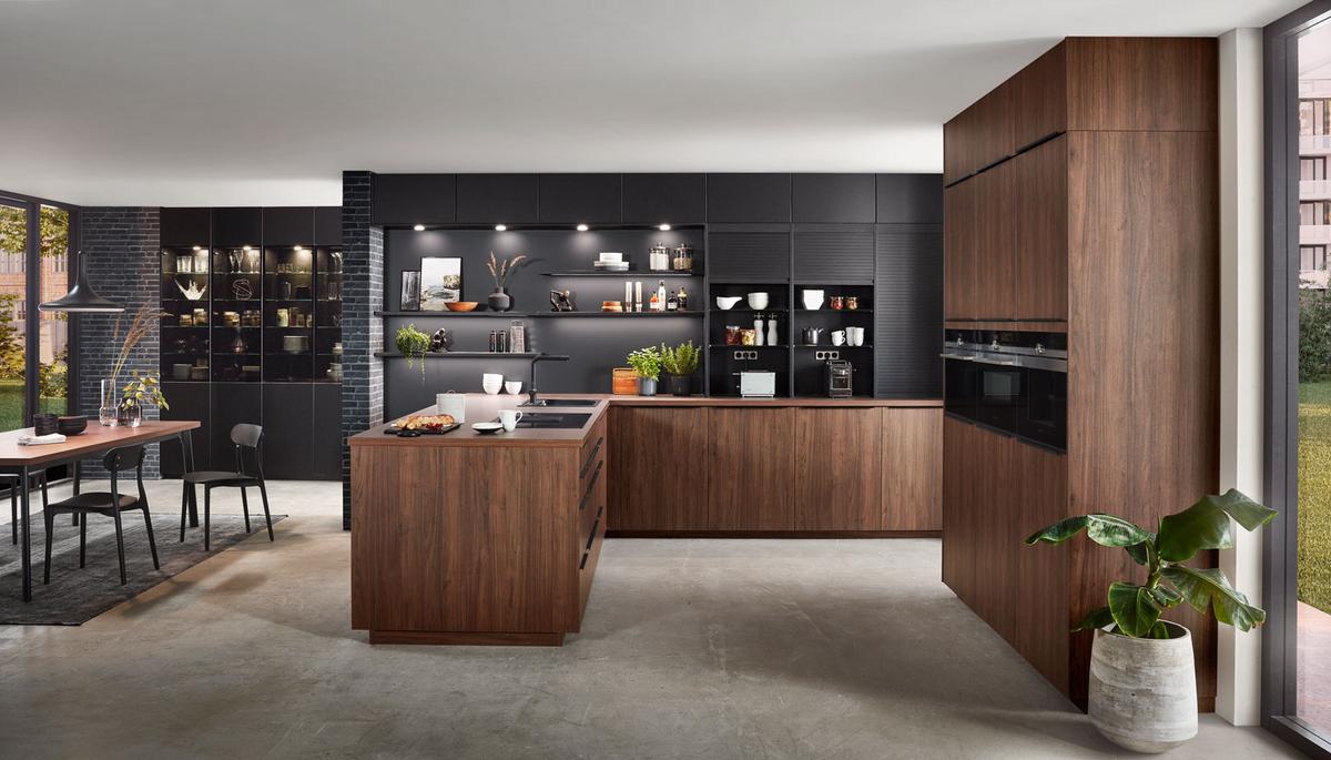 Einbauküche Riga Frei Planbar Modern, grifflos - Eichefarben/Anthrazit, MODERN, Holzwerkstoff - Vertico