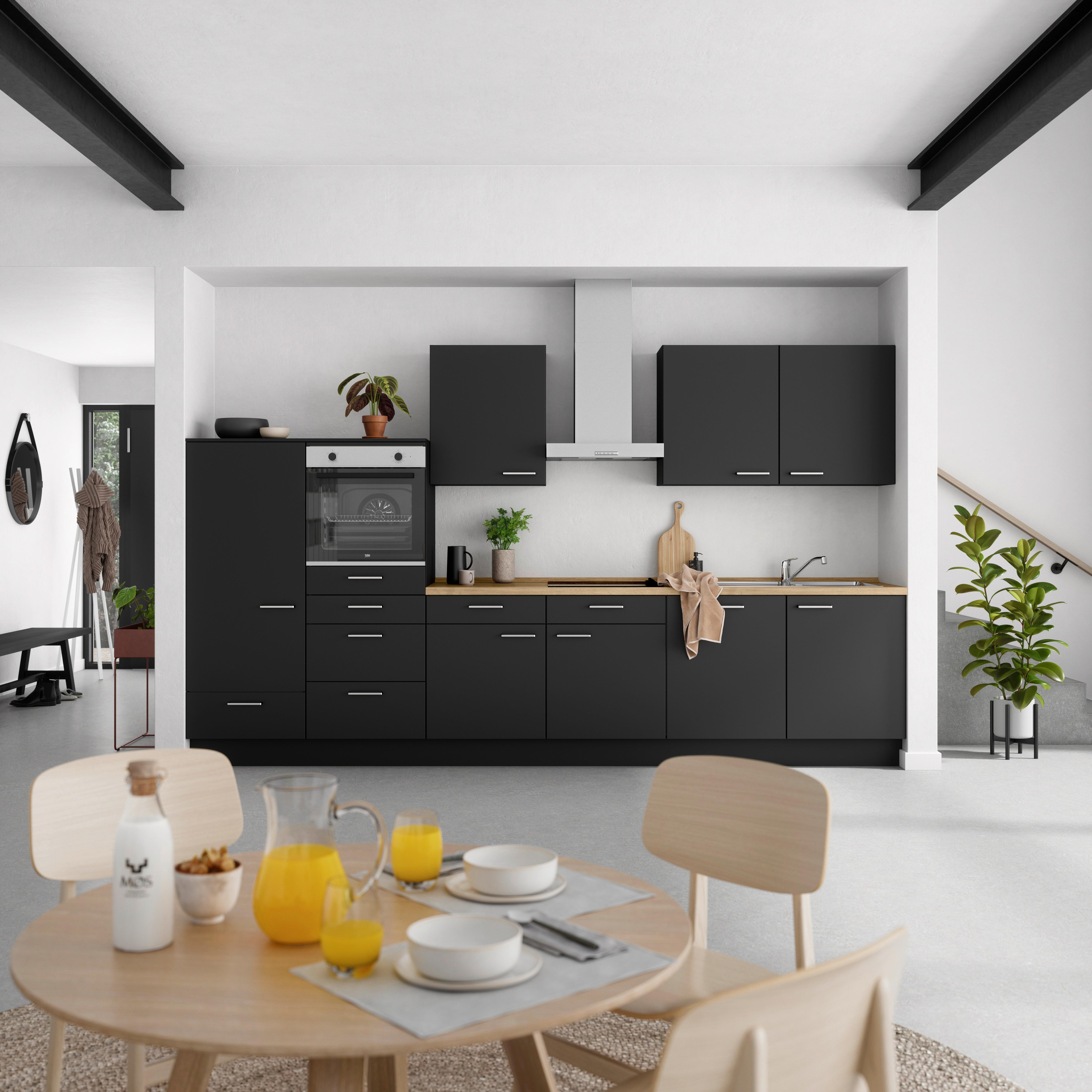 Kuchyňská linka 360 cm, černá matná - černá/barvy dubu, Moderní, kov/kompozitní dřevo (360cm) - Nobilia