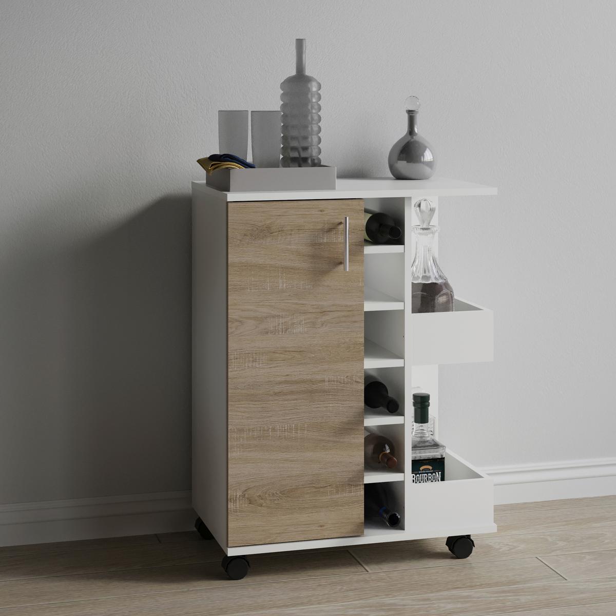 Servierwagen Esilo Weiß, Eiche Dekor B: 63 cm - Weiß/Sonoma Eiche, Design, Holzwerkstoff/Kunststoff (63/85/40cm) - MID.YOU