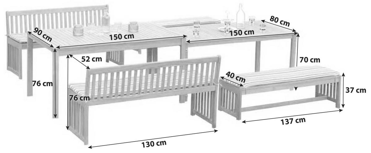 Gartengarnitur Hawaii 6-teilig Holz Natur Incl. 4 Auflagen - Multicolor/Akaziefarben, Basics, Holz/Textil - Gardenson