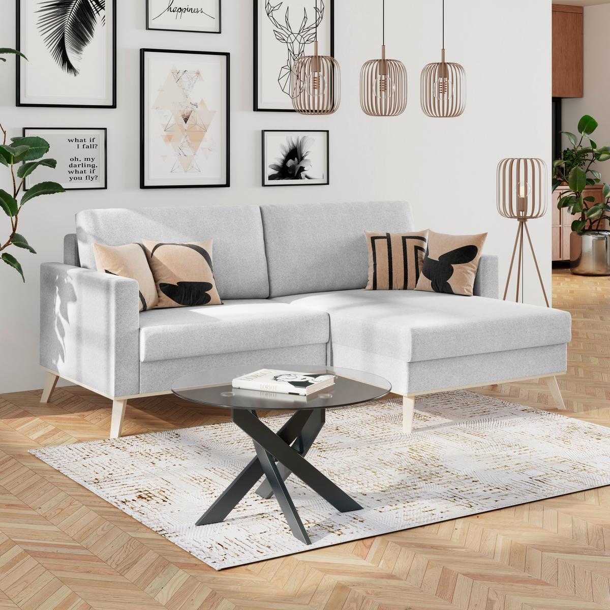 Rohová sedačka CARINI, oboustranná, světle šedá - barvy dubu/světle šedá, Basics, dřevo/textil (222/152cm)