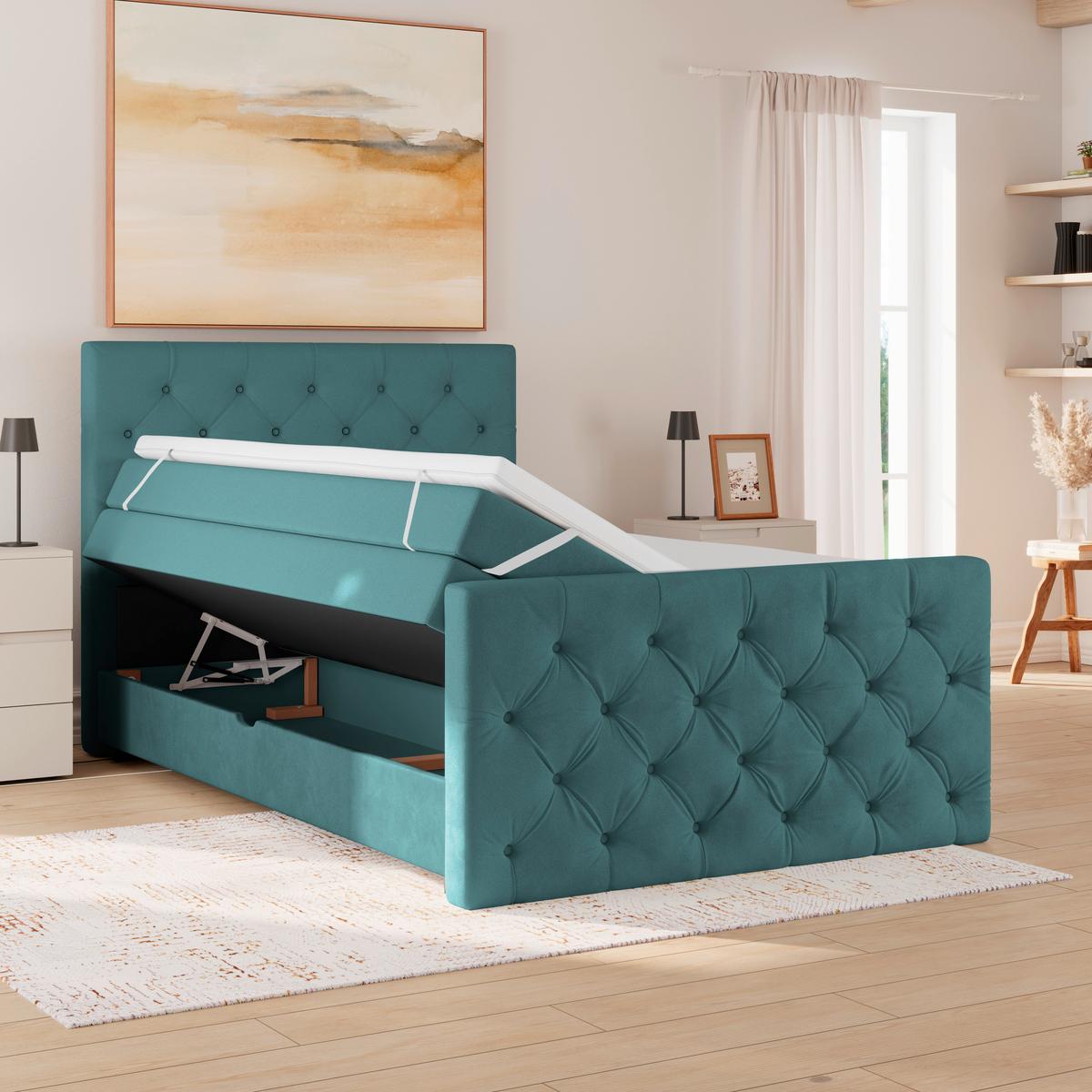 Boxspringbett Elio Petrol 140x200 cm H4 - Beige/Petrol, ROMANTIK / LANDHAUS, Textil (140/200cm) - James Wood