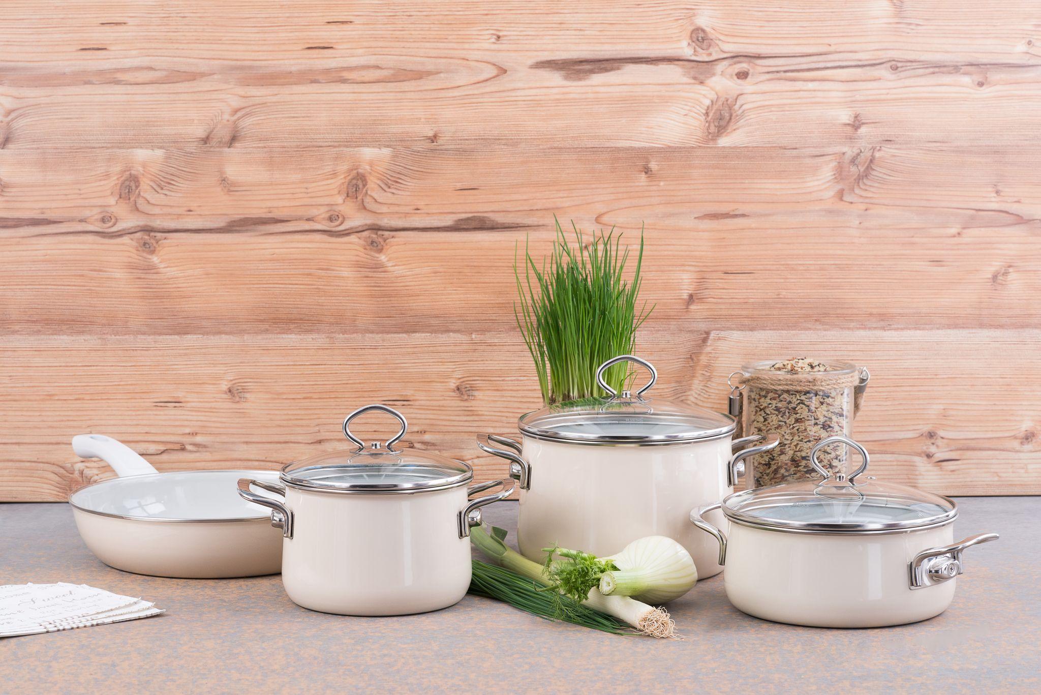 Kochtopfset Avorio 7--Teilig. Emaill Inkl. Pfanne - Beige, Basics, Glas/Metall (48,5/28,5/24cm) - Riess