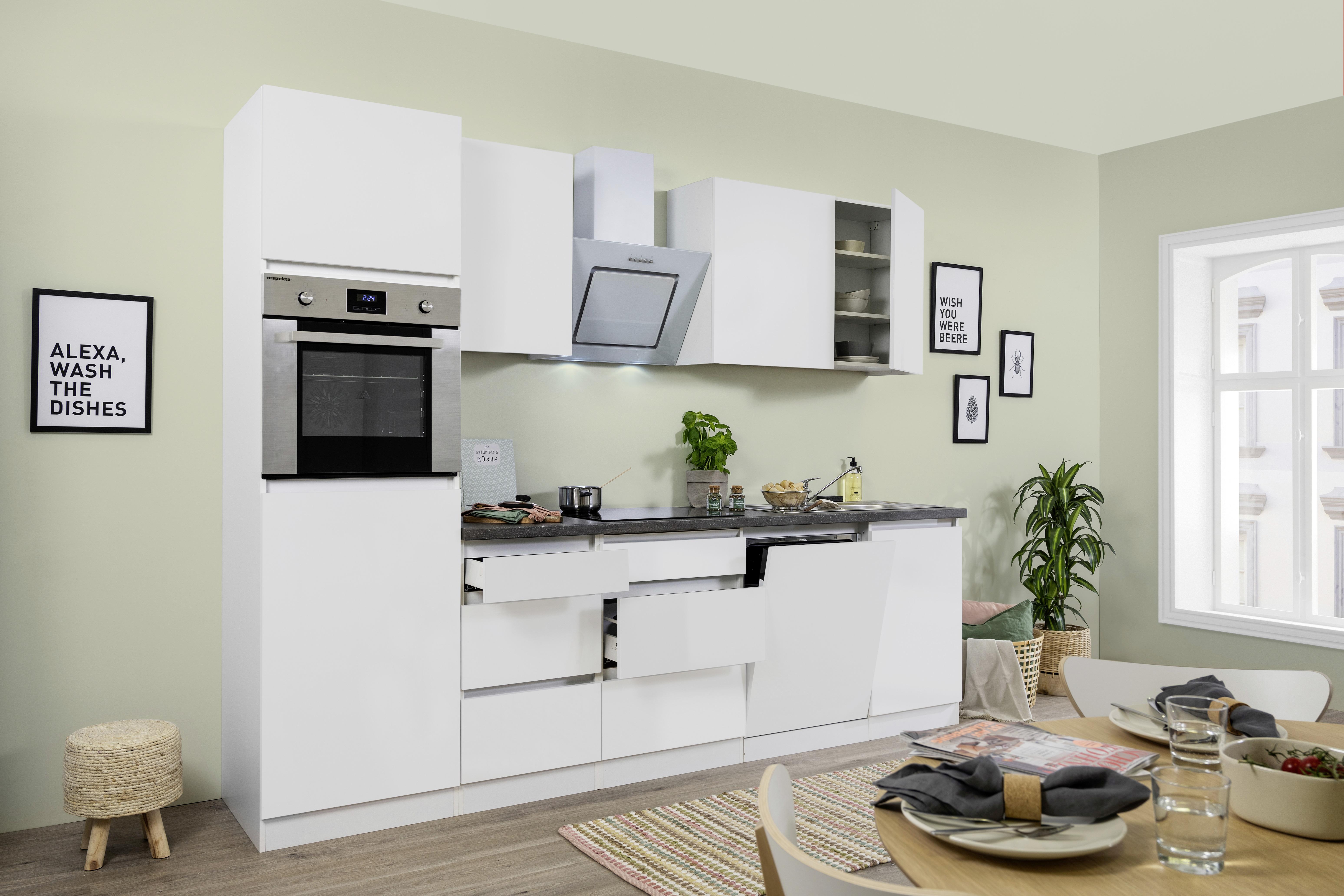 Küchenzeile Premium mit Geräten 280 cm Weiß Elegant - Weiß/Braun, MODERN, Holzwerkstoff (280cm) - Respekta