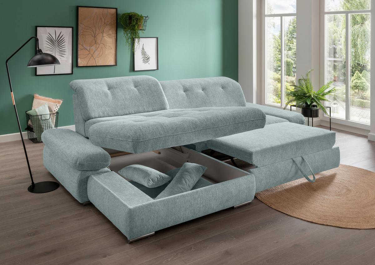 Ecksofa Dalida Blau S: 196x300 cm - Chromfarben/Blau, Design, Textil (196/300cm) - Livetastic
