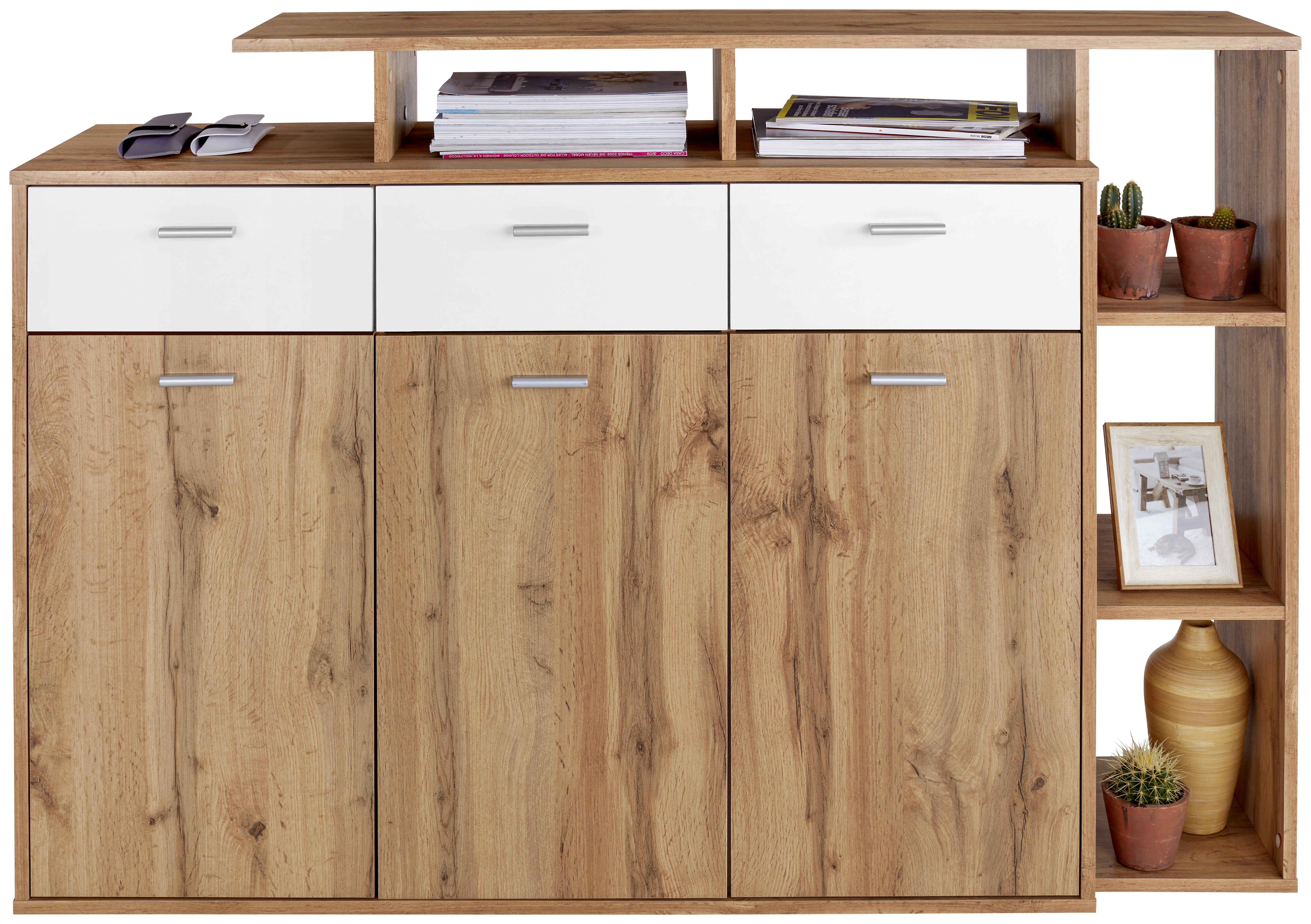 Kommode B 150cm Tom, San Remo Eiche Dekor/Weiß - Eichefarben/Silberfarben, MODERN, Holzwerkstoff (150/105/40cm)