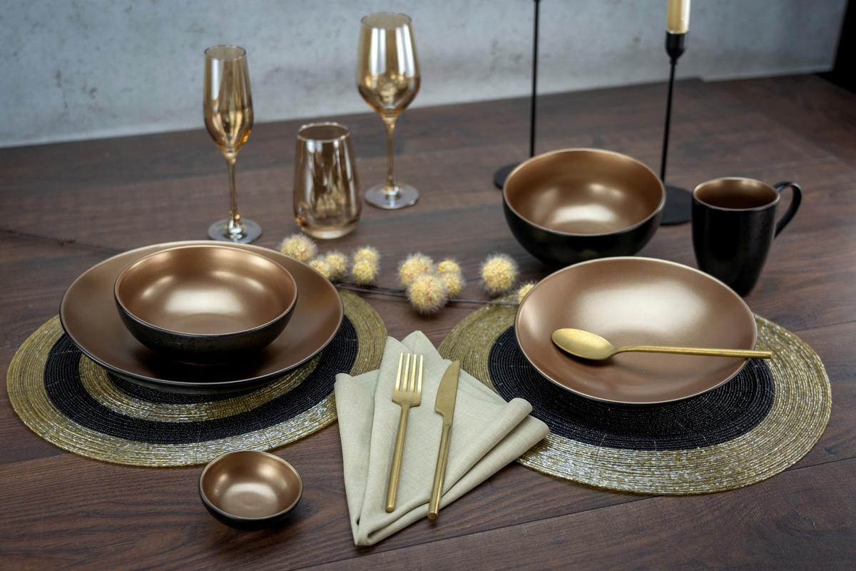Kombiservice Steinzeug 2 Personen Geschirr Set - Goldfarben/Schwarz, Keramik - Creatable