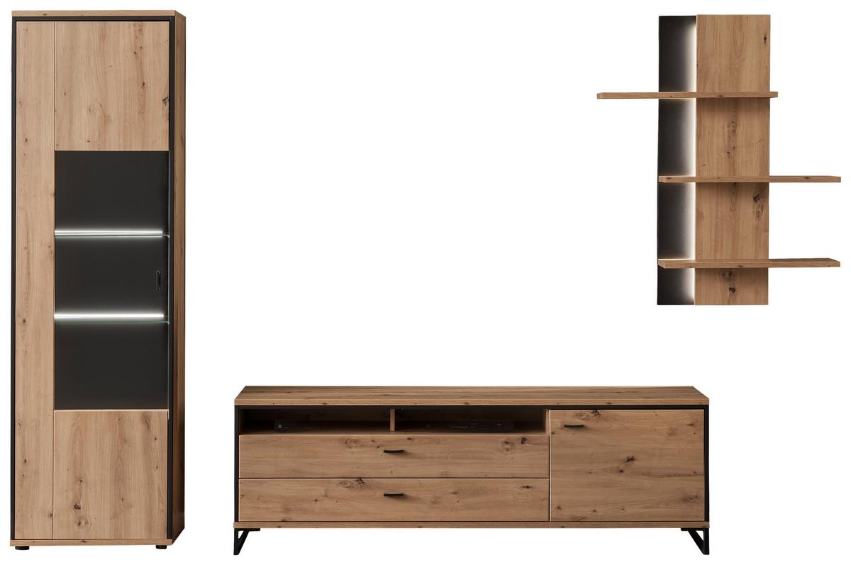 Wohnkombination 3-Tlg. Buenos Aires Anthrazit/Eichefarben - Eichefarben/Anthrazit, Design, Glas/Holzwerkstoff (307/210/50cm) - MID.YOU